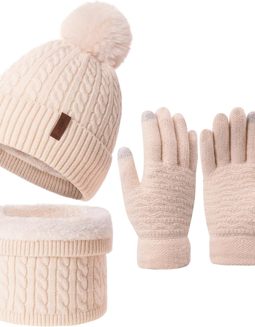 Load image into Gallery viewer, 3Pcs Winter Women Beanie Hat Scarf and Touch Screen Gloves Sets Girls Classic Knit Warm Chunky Fleece Lined Cable Cap
