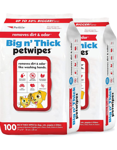 Load image into Gallery viewer, Pet Wipes for Dogs and Cats, 200 Large Wipes - Removes Dirt &amp; Odor like Washing Hands - Cleans Ears, Face, Butt, Eye Area - Convenient, Ideal for Home or Travel - 2 Packs of 100 Wipes
